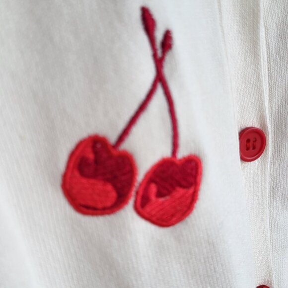 Cherry Embroidered Cardigan • White Knit Button-Up Sweater • S - Picture 4 of 6